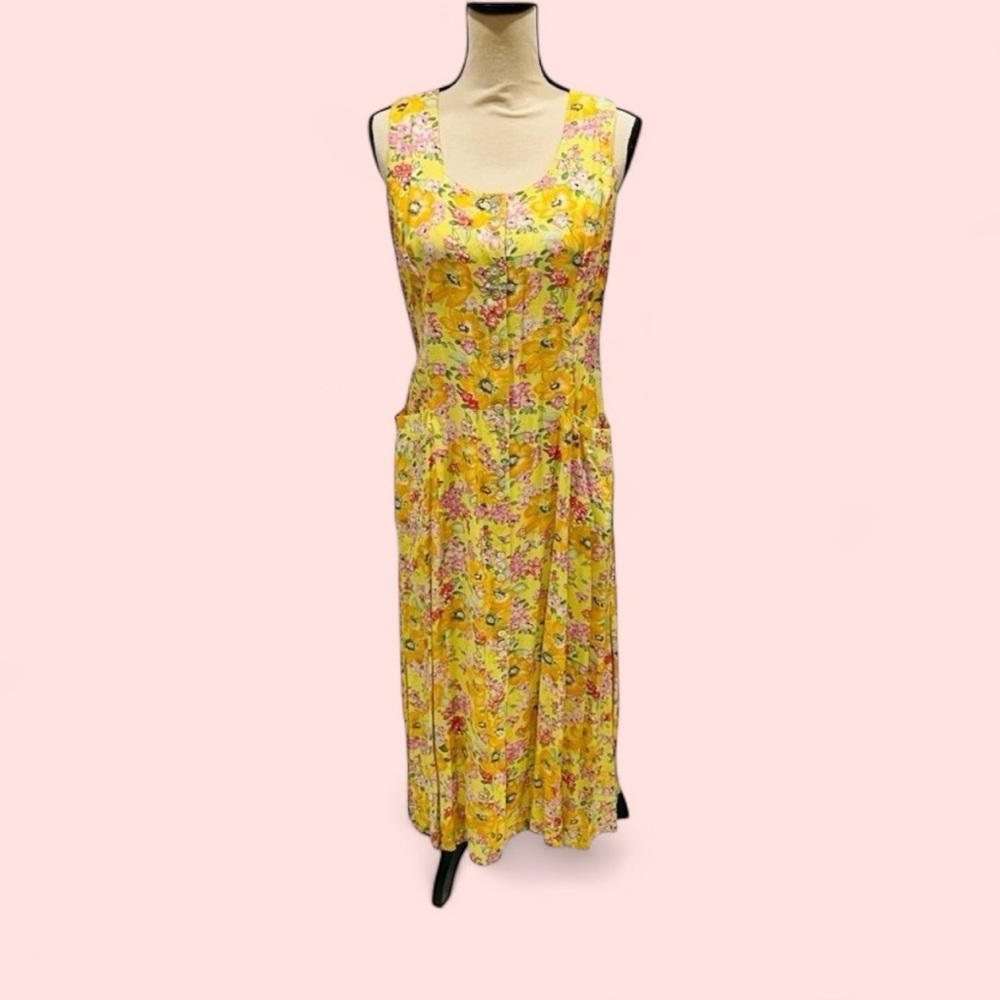 90’s-y2K 🥰 buttercup yellow vintage floral button front sleeveless maxi dress🌼